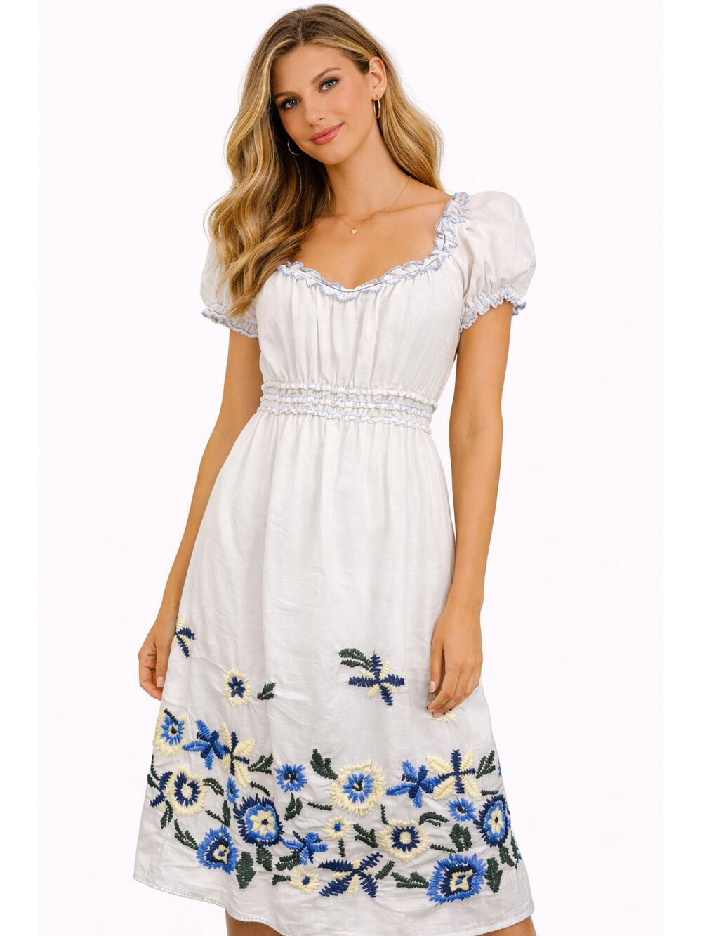 Sophie Max Embroidered Dress XS White Blue Floral Cottagecore Boho Coastal